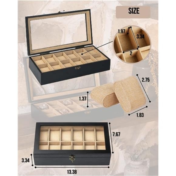 Watch Box, Watch Case for Men Women with Large Glass Lid, Wooden Watch Display - Picture 4 of 6